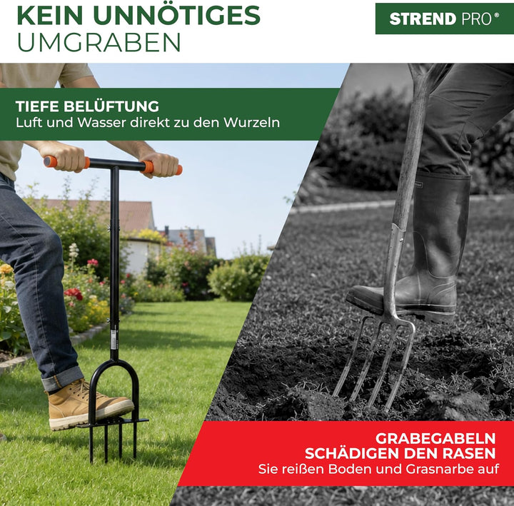 STREND PRO Rasenbelüfter Rohr 4 Vollzinken 25 cm | Aerifizierer für Rasen mit T-Griff manuell | Rase