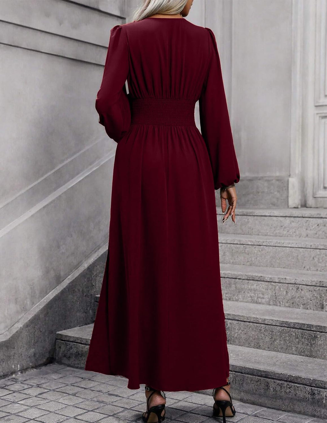 Damen Kleid 2.0 Elegant Langarm V-Ausschnit Tunika Maxikleider Casual Hohe Taille Saumschlitz Cockta