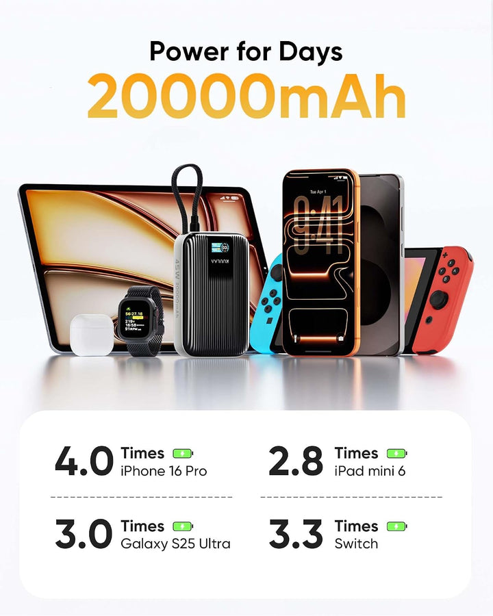 Power Bank 20000mAh, Ultra Klein 45W Schnellladung Powerbank mit Integriertem USB C Kabel &amp; LED Disp