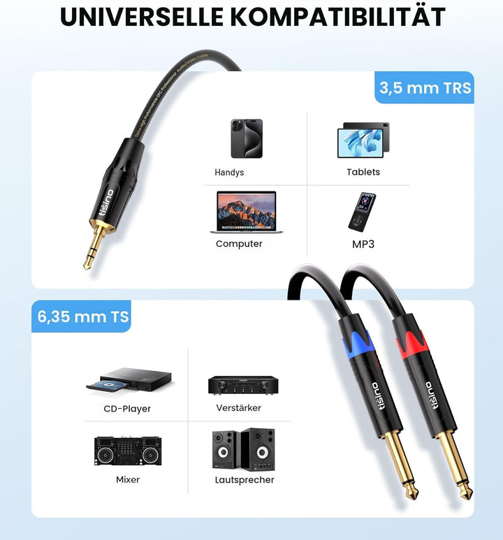 Tisino 3,5 mm auf 6,35 mm Stereo-Kabel, Mini-Klinkenstecker TRS Stereo auf Dual 6,35 mm TS Mono Y-Sp