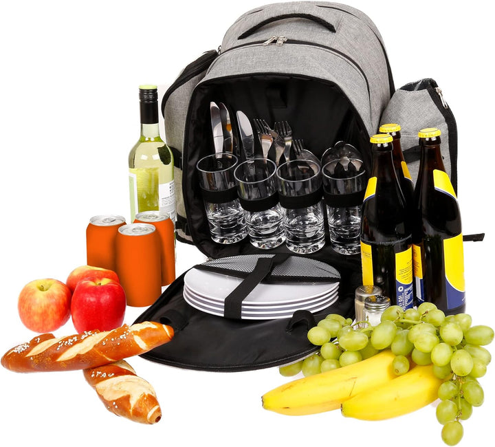 HEKERS Premium Picknickrucksack mit isoliertem Kühlfach und Flaschenhaltern für 4 Personen – Strand