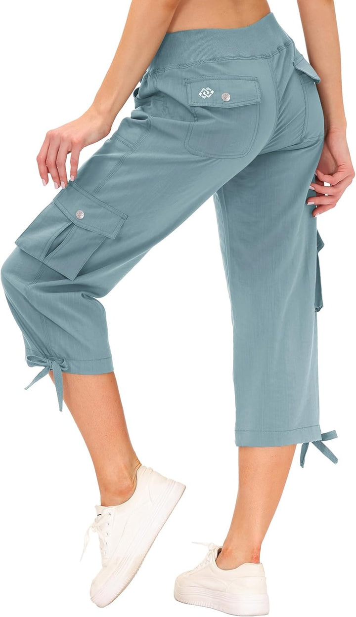 JINSHI Hosen Damen Sommer Cargohose 3/4 Lange Hosen Capri Freizeithose Outdoorhose Wanderhose mit Me