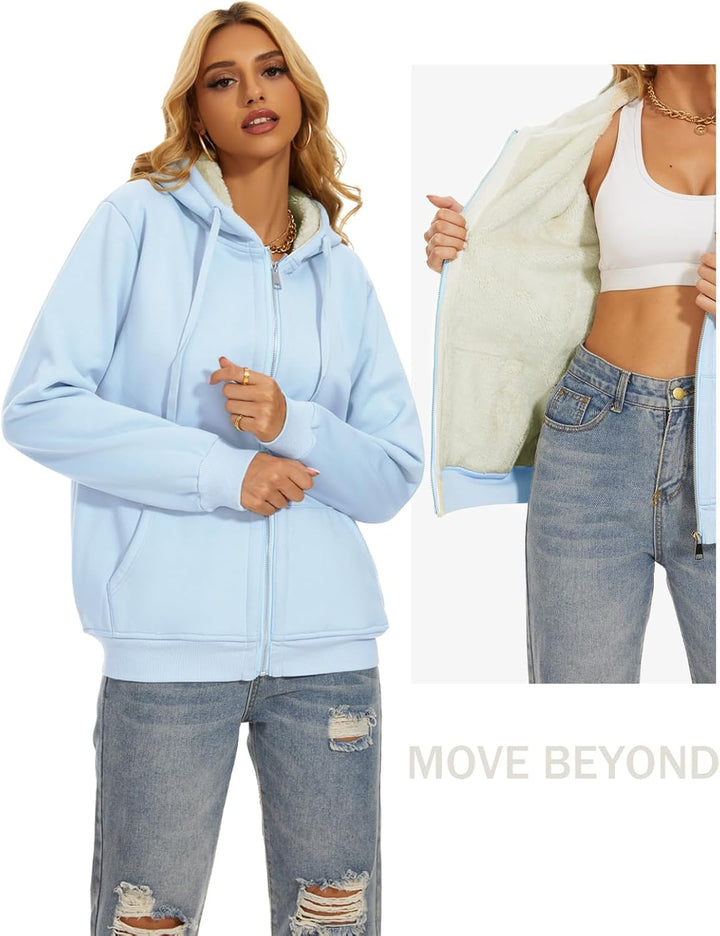 MOVE BEYOND Sweatjacke Damen mit Kapuze Zipper Hoodie Fleecejacke Gefüttert Warme Winterjacke mit Re