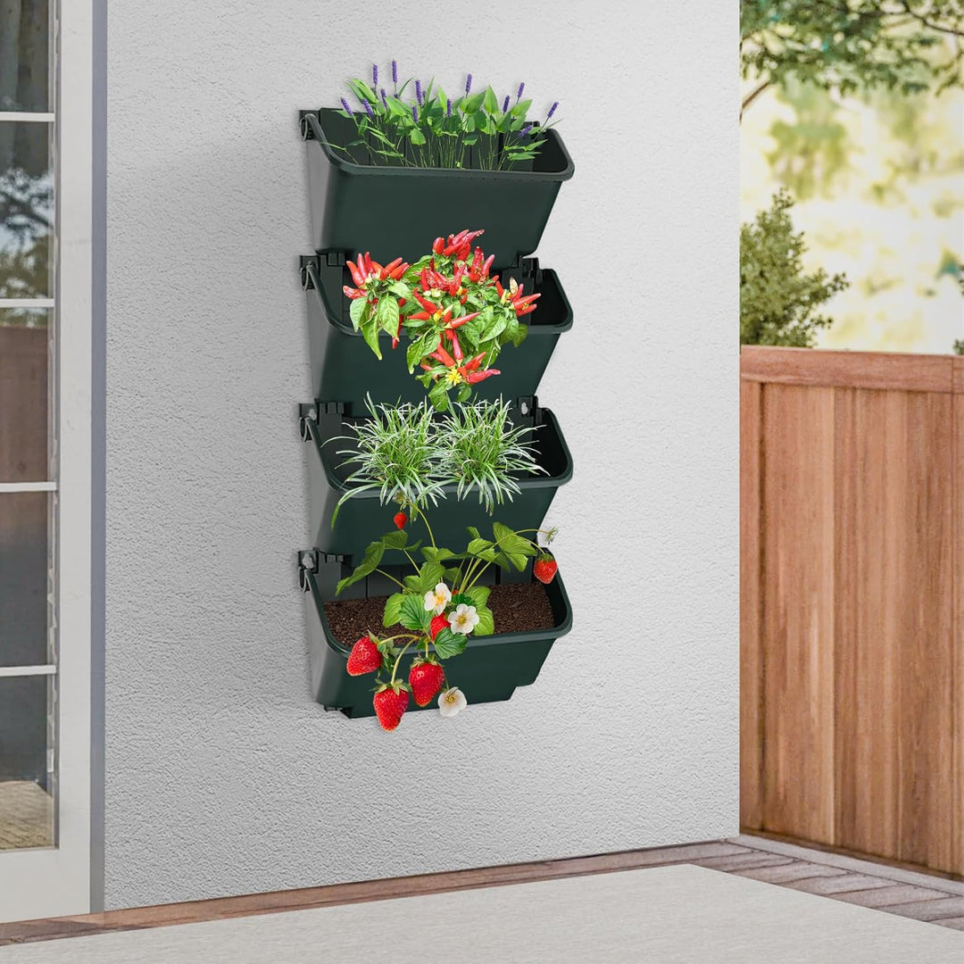 Wandpflanzgefäss Set 4 Stück Vertikaler Garten Pflanzkübel Aus PP Kunststoff Wandmontage Mit Entwäss