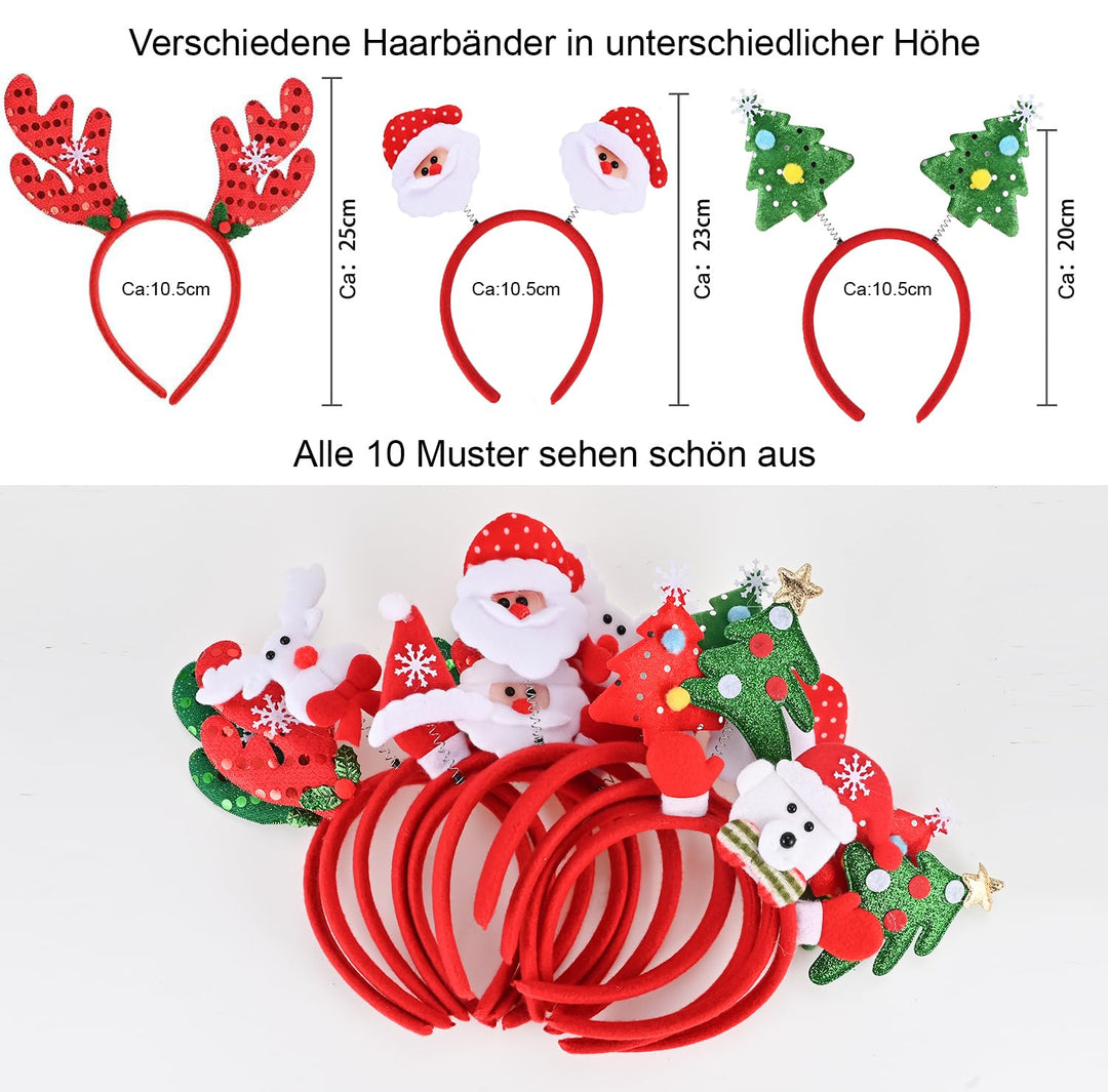10 Stück Haarreifen Weihnachten Stirnband Haarreifen Haarschmuck Weihnachtsdeko mit Weihnachtlichen