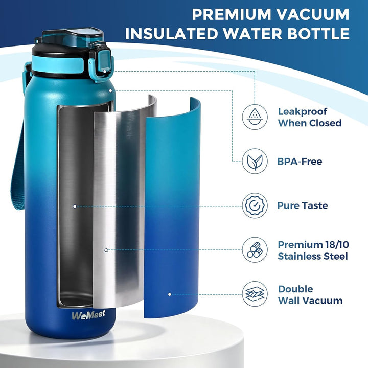 WEMEET 1000ml Thermosflasche Edelstahl, Auslaufsicher Isolierte flasche mit Strohhalm &amp; 2 Deckel, id