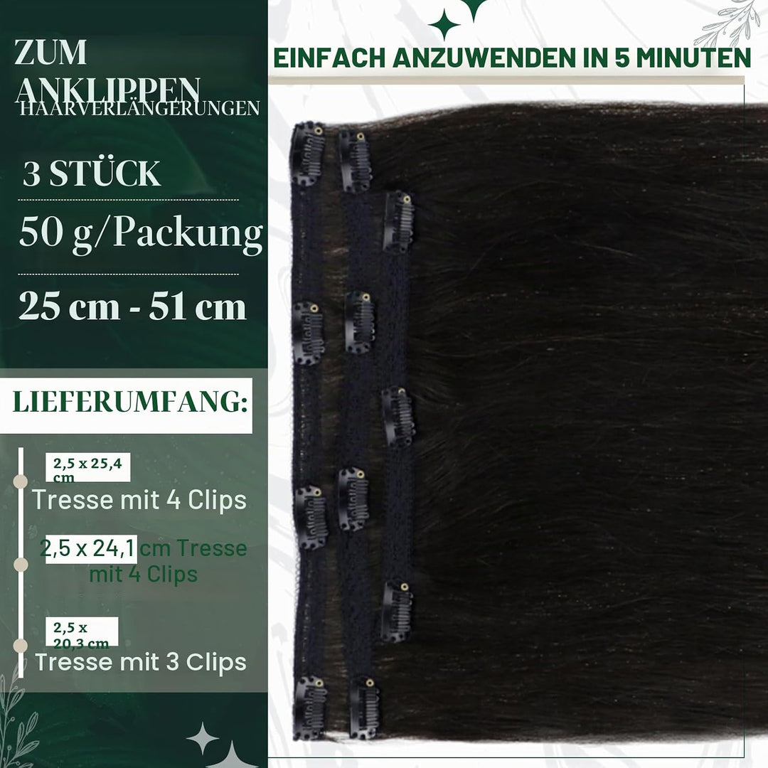 RUNATURE Clip in Extensions Echthaar Schwarz 35cm 3pcs Echthaar Extensions Clip Seamless Haarextensi