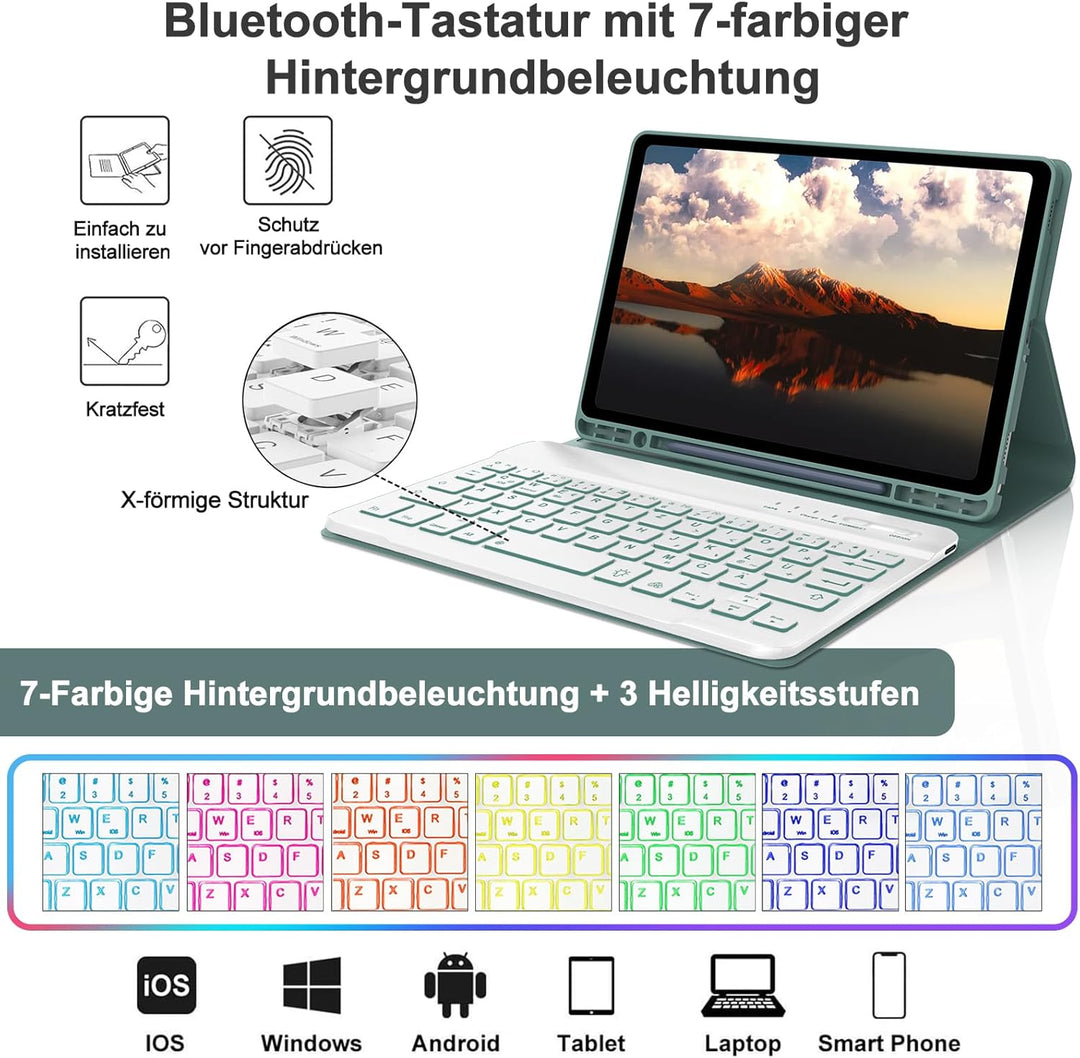 Hülle mit Tastatur für Samsung Galaxy Tab A9 8.7'' 2023, 7 Farben Beleuchtung, QWERTZ Deutsches, Mag
