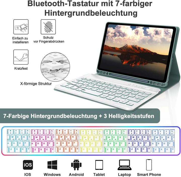 Hülle mit Tastatur für Samsung Galaxy Tab A9 8.7'' 2023, 7 Farben Beleuchtung, QWERTZ Deutsches, Mag