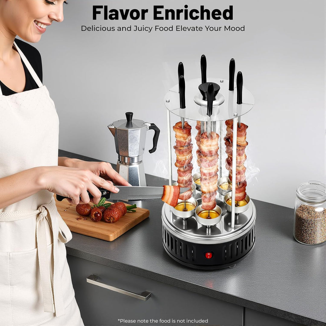 1000W Elektrischer Vertikal Grill mit 6 Spiessen Freistehend Vertikaler Elektrogrill Edelstahl Drehg