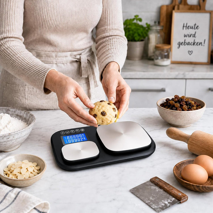 Küchenwaage Digital 15 kg mit Feinwaage 500 g/0,01 g, 2 Flächen zum Backen | Tara-und Addierfunktion