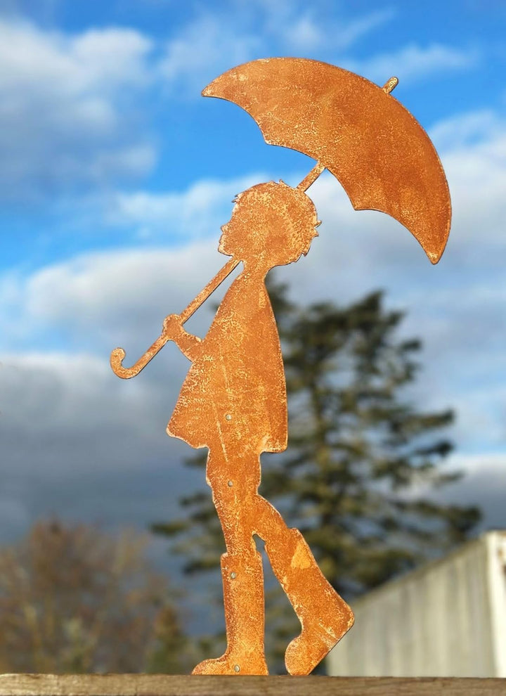Gartenfigur Junge mit Schirm 60cm auf Platte Edelrost Gartendeko Wetterfest Rost Metall Rostfigur Ki