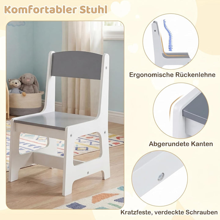 COSTWAY Kindertisch mit Stuhl, Papierrolle &amp; 4 Farbbechern, Grau