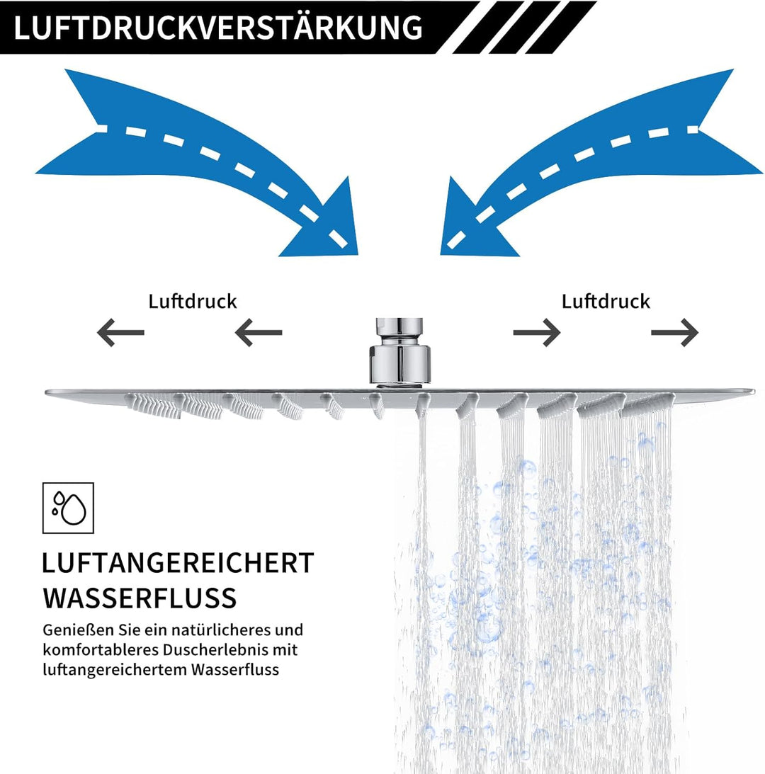 DETBOM 16 Zoll Regendusche quadratischer Duschkopf aus Edelstahl 304, Anti-Kalk-Düsen Duschkopf Wass