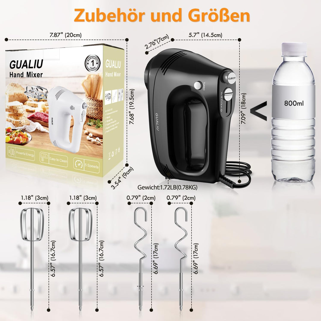 Elektrischer Handmixer 300W mit Edelstahl Schneebesen, Knethaken, Elektrische Handrührer,Turbo Boost