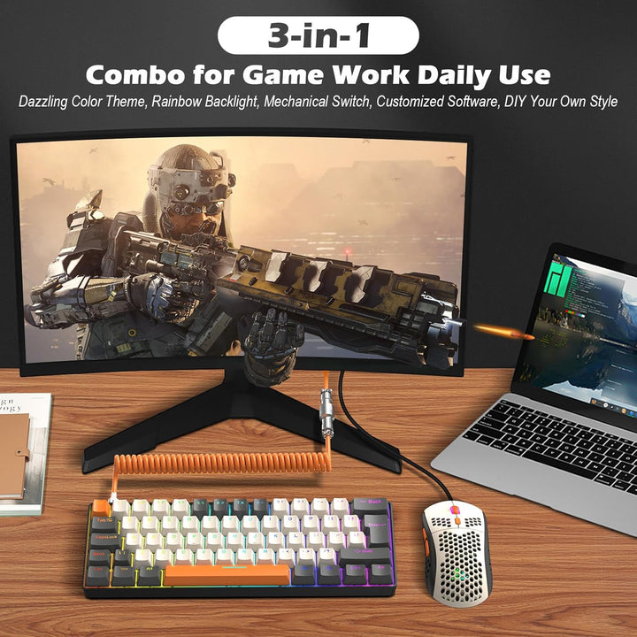 ZIYOU LANG Wired Gaming-Tastatur und Maus Combo mit Spiral USB-C Kabel T60 Pro - Kompakt 60% UK Layo