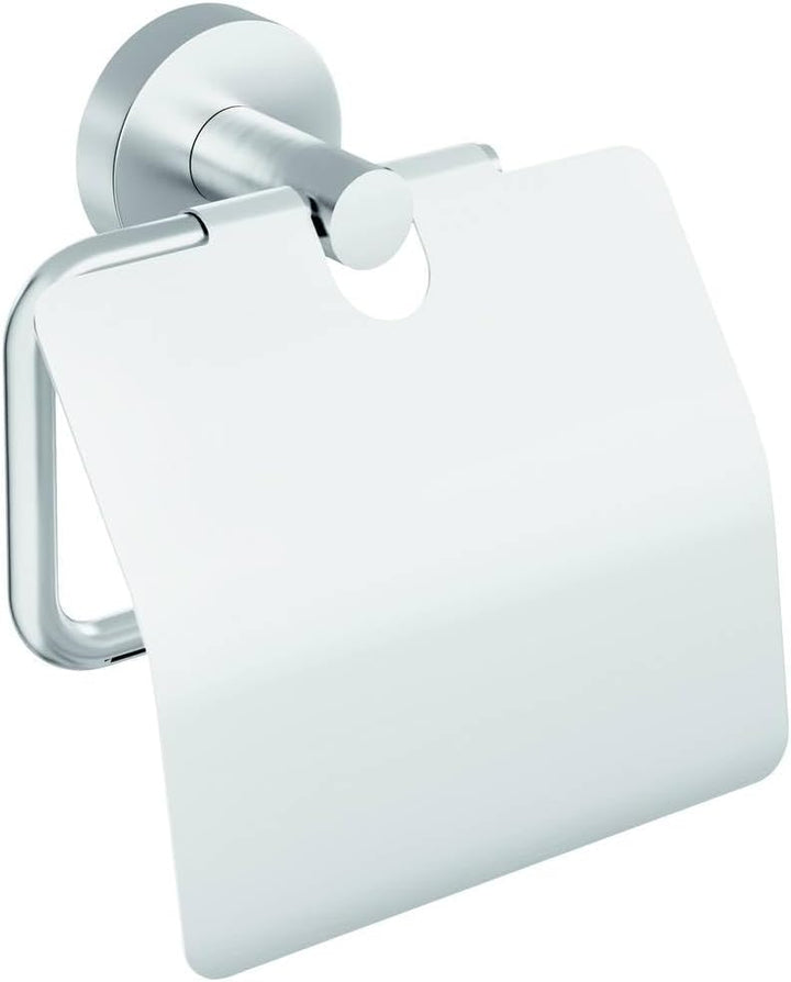 tesa Moon Toilettenpapierhalter mit Deckel, verchromt - WC-Rollenhalter zur Wandbefestigung ohne Boh