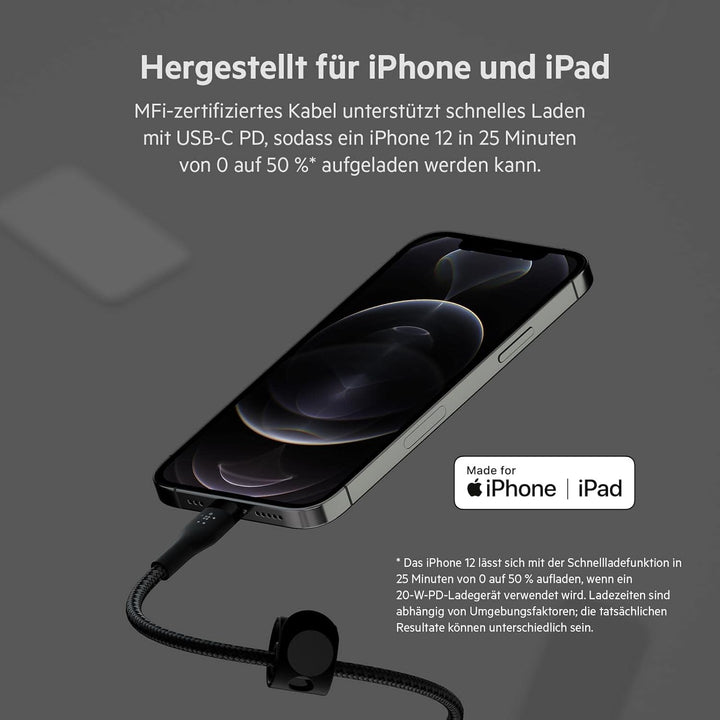 Belkin BoostCharge Pro Flex geflochtenes USB-C/Lightning-Kabel, 3 m, MFi-zertifiziert, 20 W, zum Sch