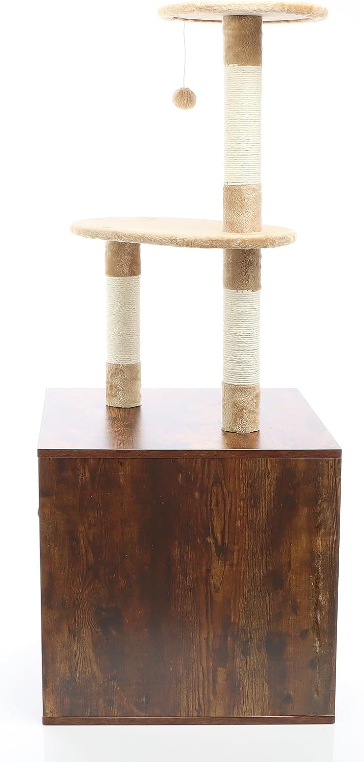 Fudajo Design Kratzbaum mit Box aus Holz vintagebraun multifunktional Kratzmöbel und Katzentoilette