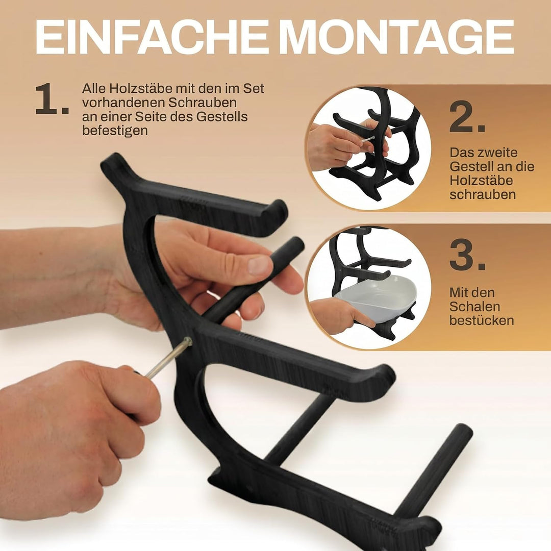 Obstetagere 3 Etagen aus Keramik | Moderner Obstkorb mit schwarzem Holzrahmen, Ø 30 cm Basis | Stilv