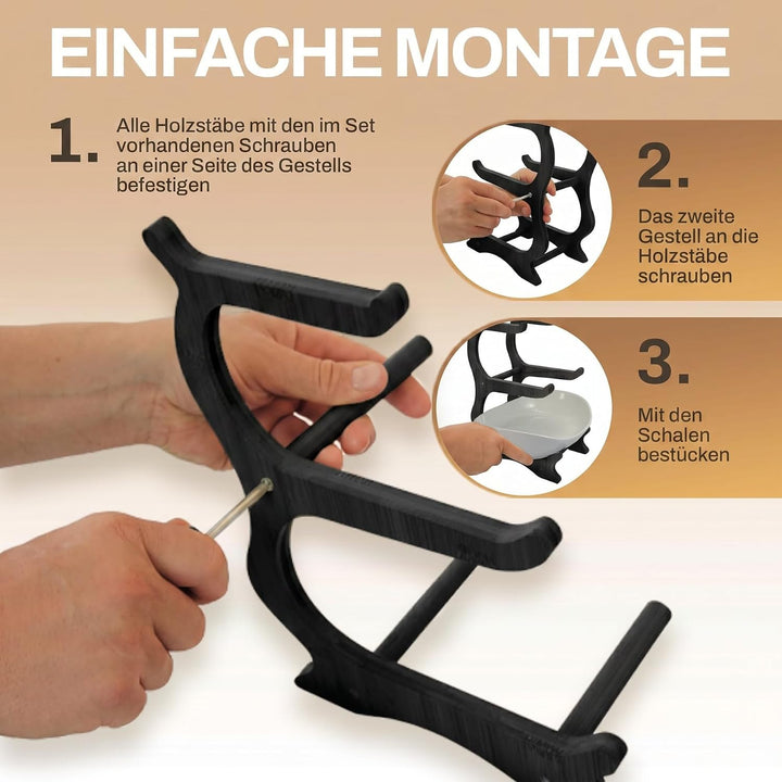 Obstetagere 3 Etagen aus Keramik | Moderner Obstkorb mit schwarzem Holzrahmen, Ø 30 cm Basis | Stilv