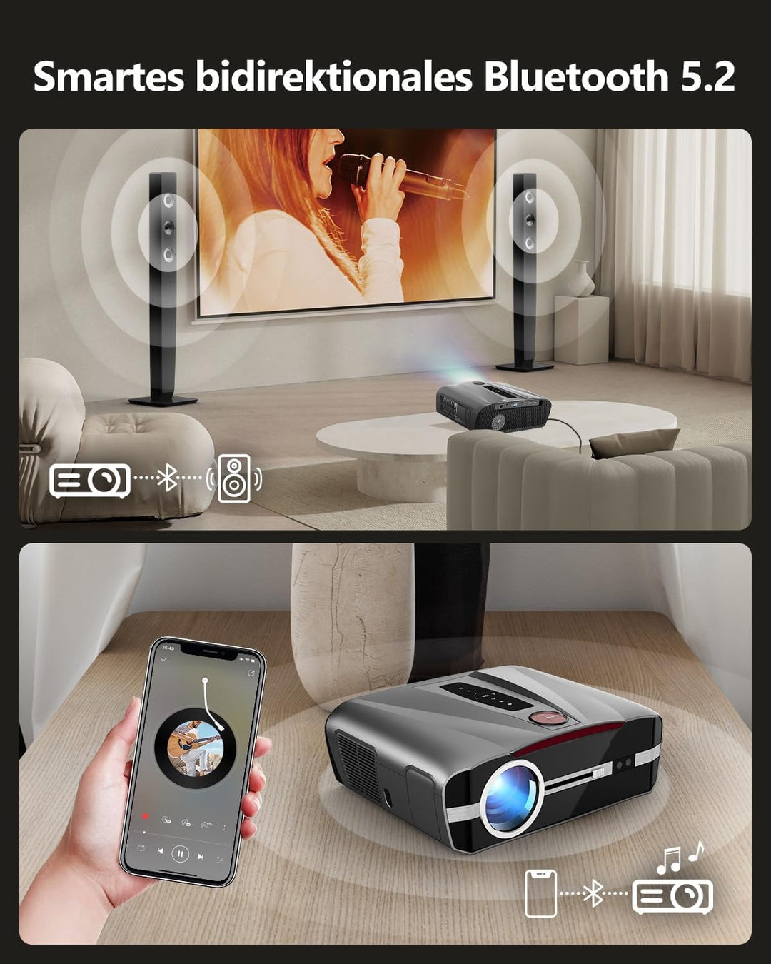 4K Beamer Ultra HD 2300ANSI Tageslicht Projektor Heimkino HDR10 WiFi6 Bluetooth NFC Smart Android Be