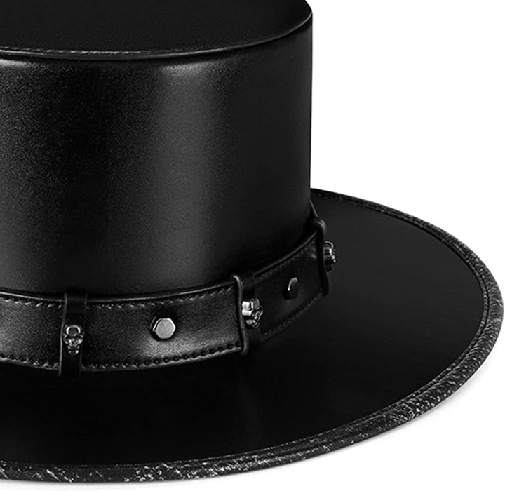 MYBOON Pest-Doktor-Hut PU-Leder-Schwarzer Flacher Zylinder für Halloween-Cosplay