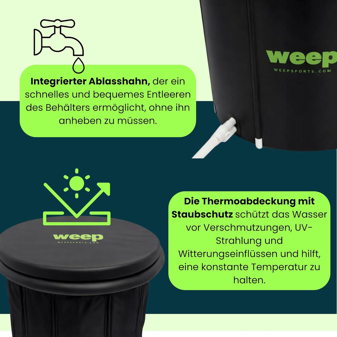 weep Eisbaden Tonne XL 80cm Ø, Eistonne mit UV-Schutz Deckel - Zuhause und Outdoor - Eisbad für Kält