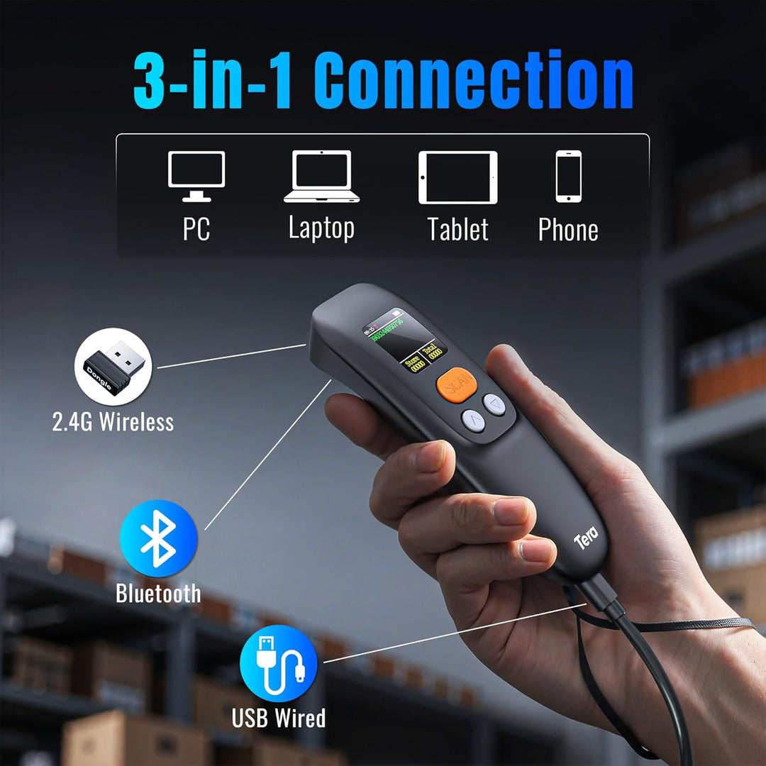 Tera Tragbar Barcode Scanner Mini: 1D 2D QR 1200mAh Akku mit Taste 1.4" Display & Ladestation Handhe