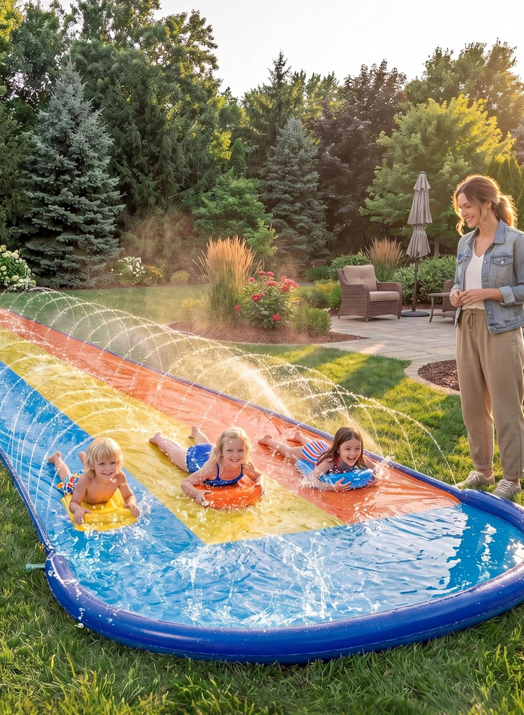 Sloosh 22,5ft/685,8cm Dreispurige Wasserrutsche mit 3 Bodyboards, Rasen-Wasserrutsche mit Outdoor-Sp