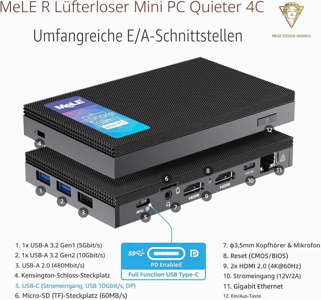 MeLE Quieter 4C Mini-PC, N150 16GB 512GB, with Windows 11 Pro 4K HDMI USBC | N150 bis zu 3.6GHz, 16G