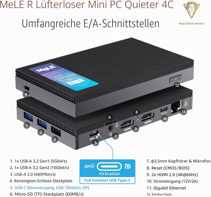 MeLE Quieter 4C Mini-PC, N150 16GB 512GB, with Windows 11 Pro 4K HDMI USBC | N150 bis zu 3.6GHz, 16G