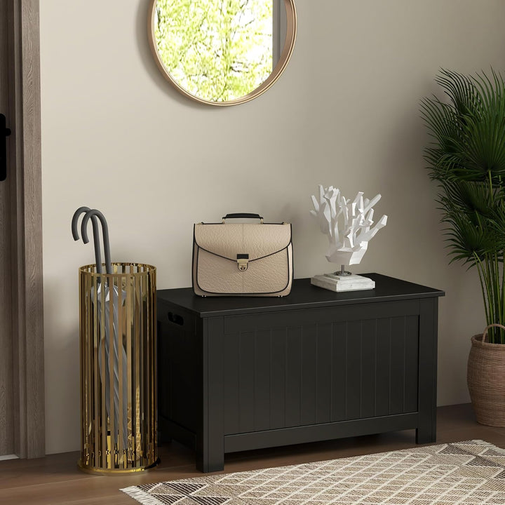 HOMCOM Truhe, Aufbewahrungsbox, Auflagenbox mit Griff, Gerätetruhe mit Deckel, Holzwerkstoff, Schwar
