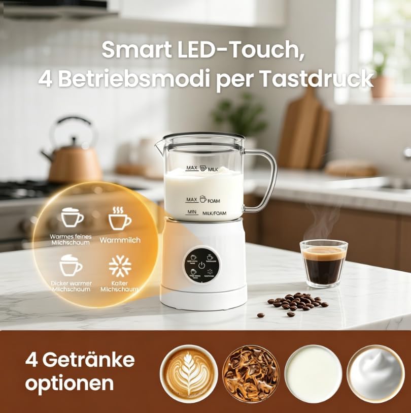 Milchaufschäumer Elektrisch 4 in 1, Automatischer Milchwärmer Milchschäumer für heiss und kalt, Glas