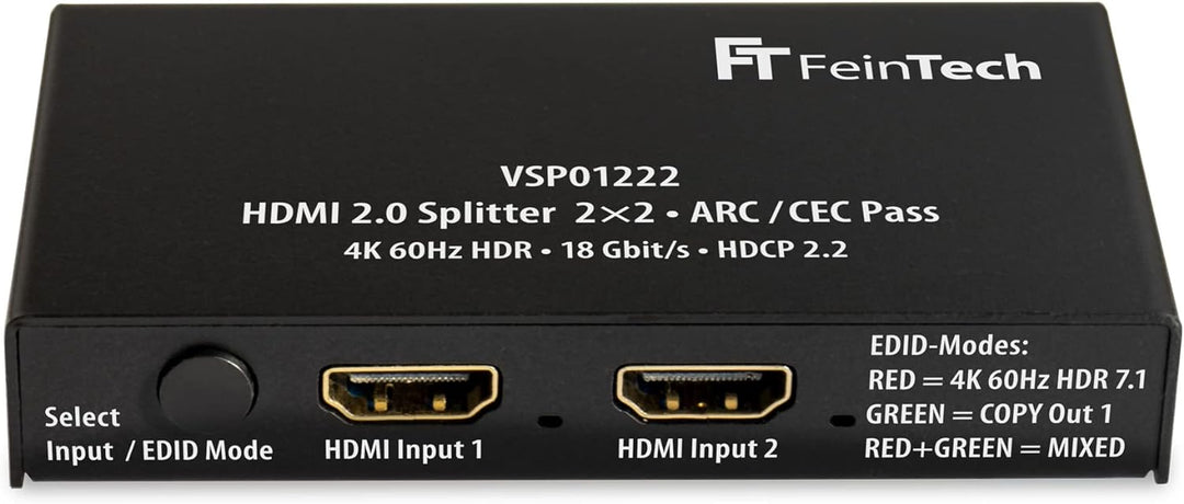 FeinTech VSP01222 HDMI 2.0 Splitter 2 Eingänge 2 Ausgänge Scaler ARC Pass für AV-Receiver 4K 60Hz