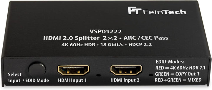 FeinTech VSP01222 HDMI 2.0 Splitter 2 Eingänge 2 Ausgänge Scaler ARC Pass für AV-Receiver 4K 60Hz