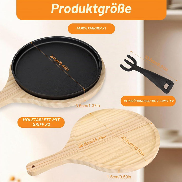 2er Set Gusseisen Pfannen Set Gusseisens Fajita Pfanne mit Holzuntersetzer Anti Verbrüh Schutz Runde