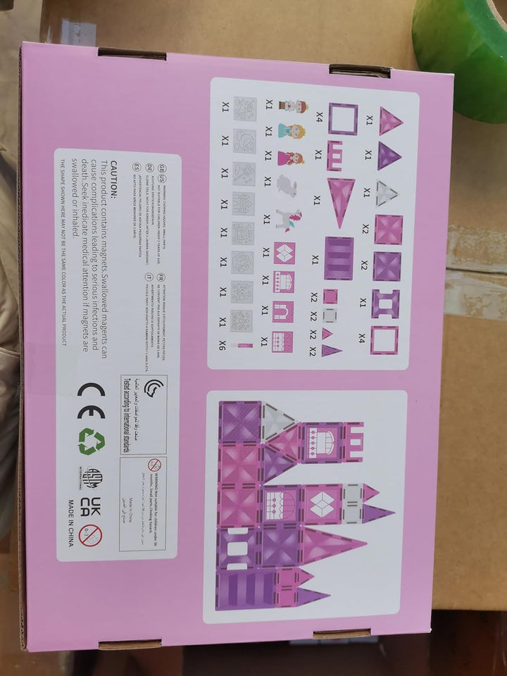Magnetische Fliesen Set, 3D Märchen-Schloss in Pink, Magnetkacheln für Kinder ab 3 Jahren, STEM Baus