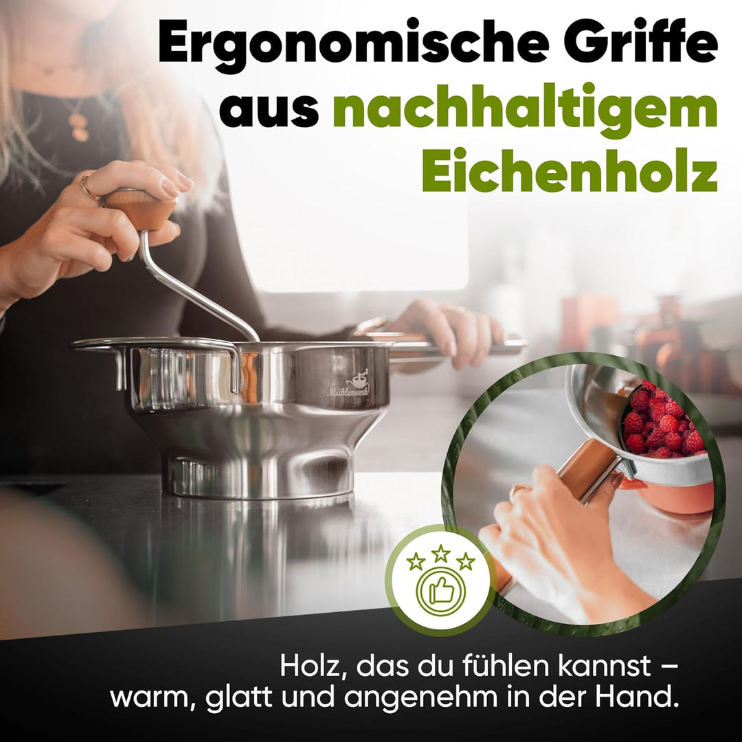 𝐌Ü𝐇𝐋𝐄𝐍𝐖𝐄𝐑𝐊 Passiermühle Edelstahl inkl. 3 Passiersieb-Einlagen [naturreines Eichenholz] 2,3 L Füllvo