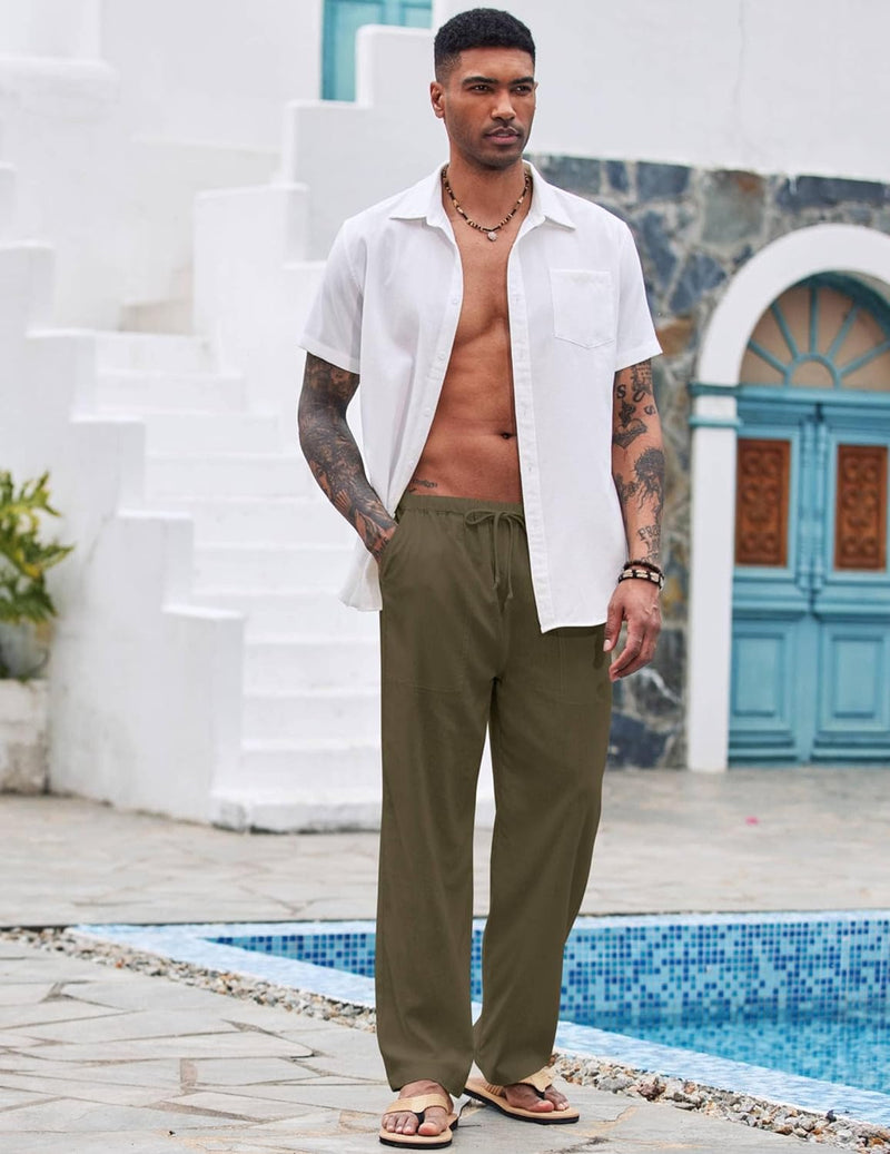 COOFANDY Herren Hose Lange Leinenhose Leicht Sommerhose Strandhose Elastische Taille Yoga Hosen Männ