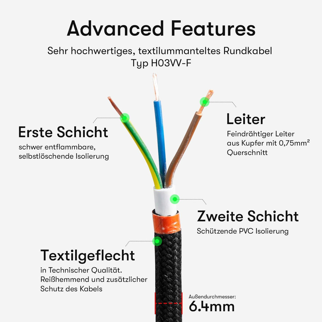 Textilkabel für Lampe, Stoffkabel 3-adrig (3x0,75mm²), Schwarz - 5 Meter 5 Meter Schwarz, 5 Meter Sc