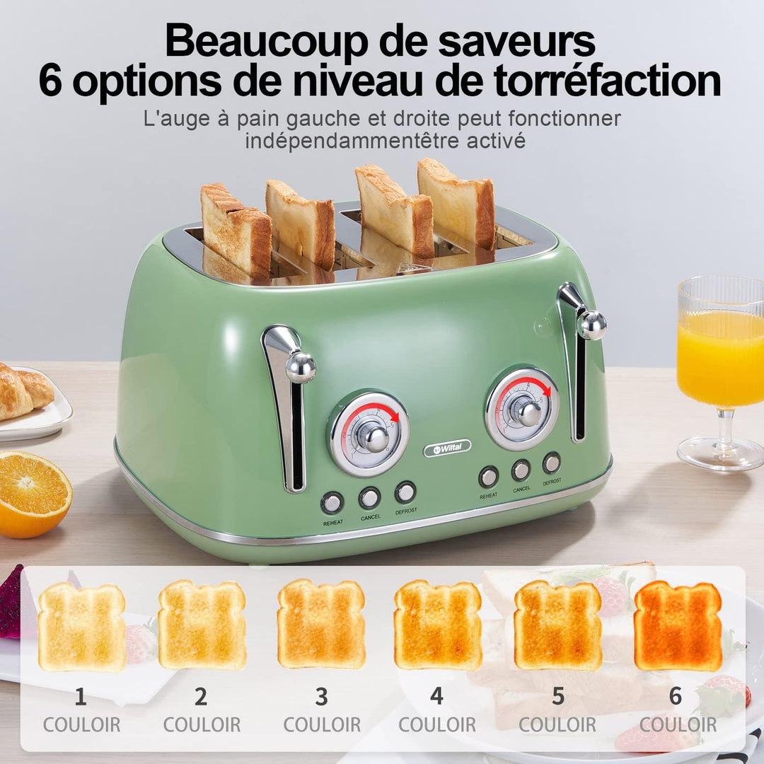 Wiltal Toaster 4 Scheiben, Toaster Langschlitz, Edelstahl Gehäuse, mit Integrierten Brötchenaufsatz,