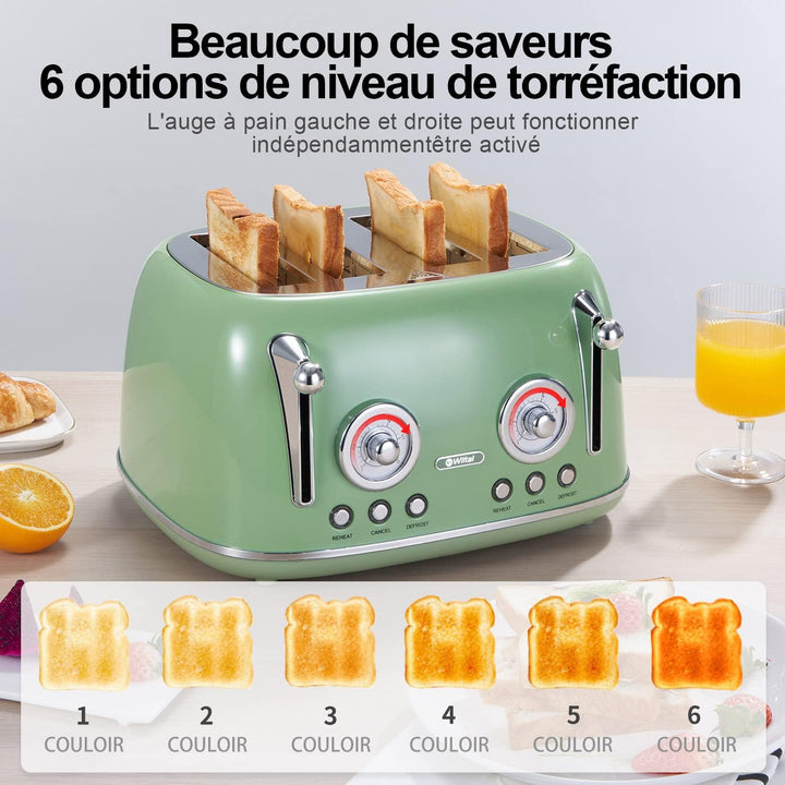 Wiltal Toaster 4 Scheiben, Toaster Langschlitz, Edelstahl Gehäuse, mit Integrierten Brötchenaufsatz,