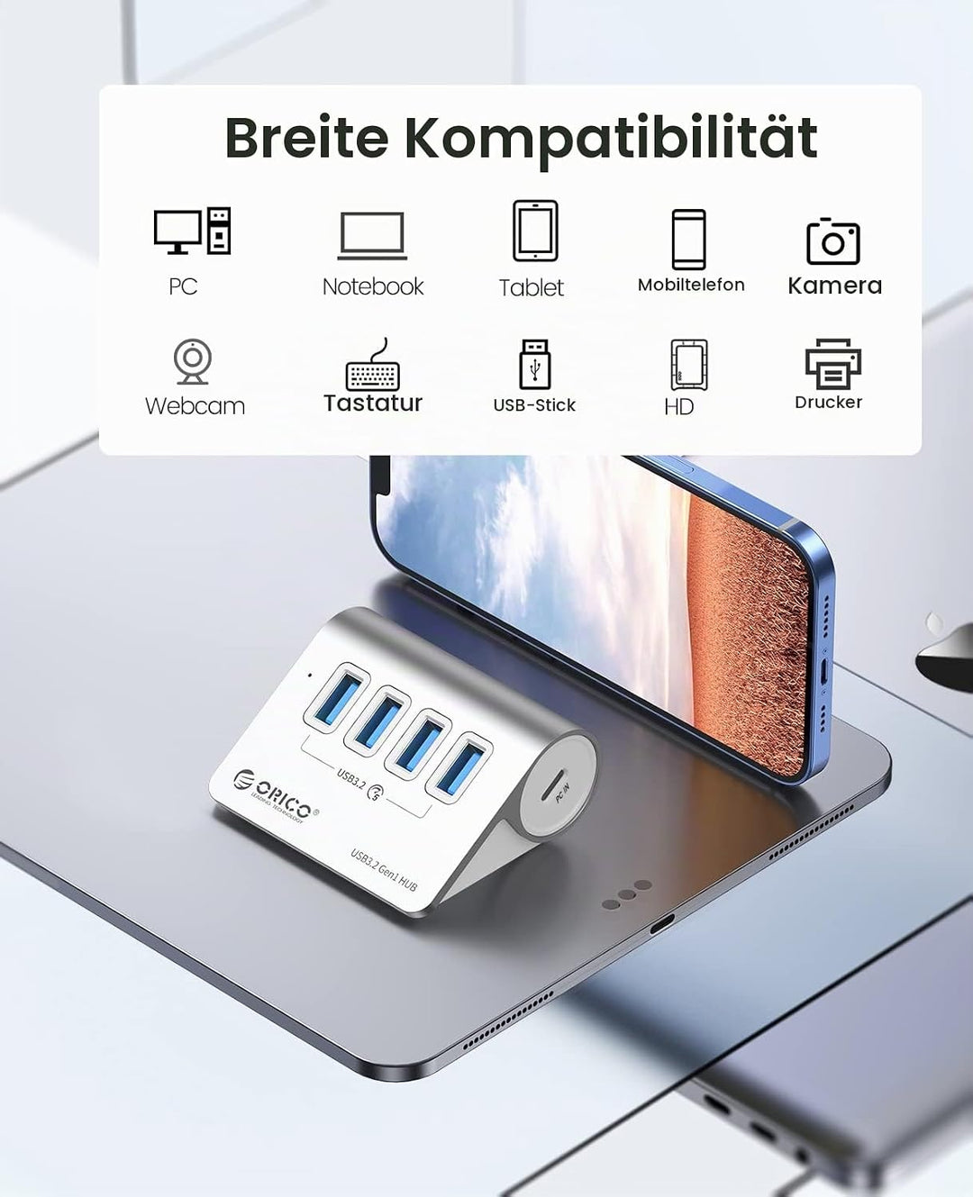 USB C Hub, ORICO USB C 3.2 GEN 1 Hub 5Gbps, 4-Port Aluminium USB Verteiler mit 0.5M USB C Kabel, USB