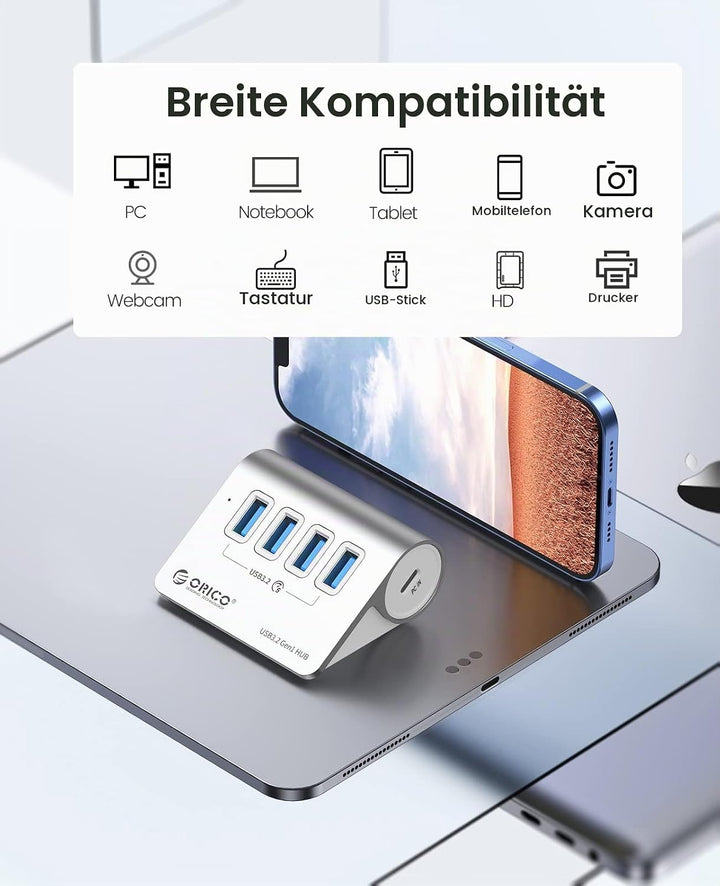 USB C Hub, ORICO USB C 3.2 GEN 1 Hub 5Gbps, 4-Port Aluminium USB Verteiler mit 0.5M USB C Kabel, USB