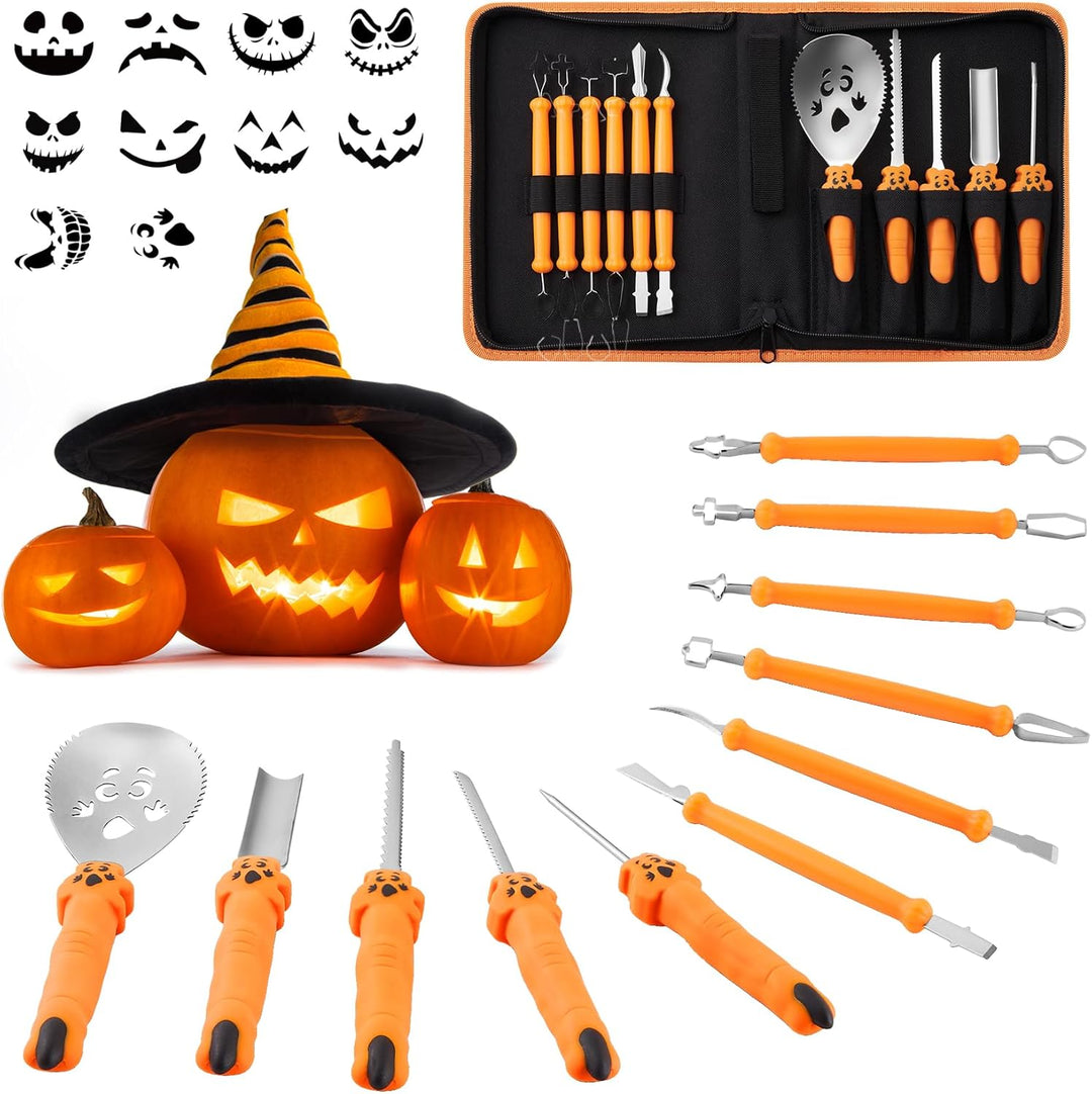COOLUCK Kürbis Schnitzset mit Vorlagen, 11 Stück Halloween Kürbis Schnitzwerkzeug Carving Set mit Tr