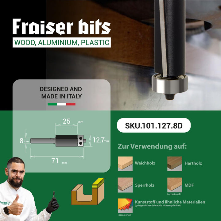 Fraiser Bündigfräser mit oberem Kugellager – 2 gerade Schneiden aus Hartmetall, Schneiddurchmesser 1