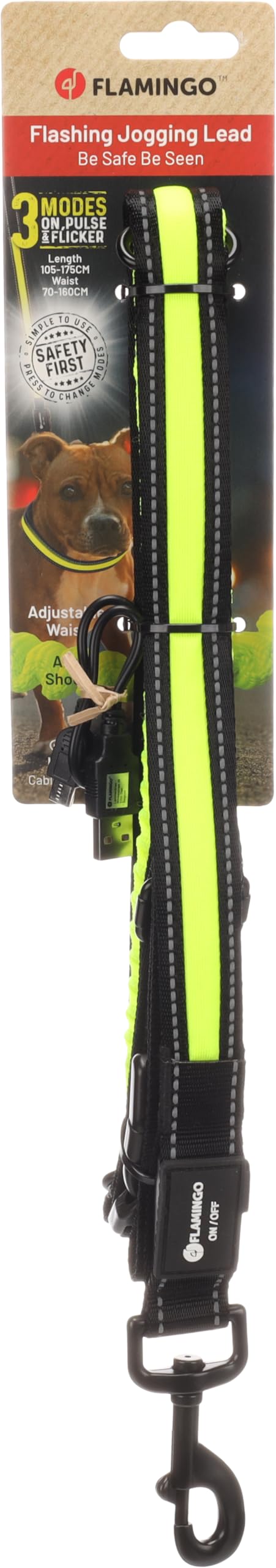 Flamingo Jogginglijn Flitzy – Schwarze/Gelbe Hundeleine, Verstellbar 105-175 cm, Stossdämpfend, Fluo