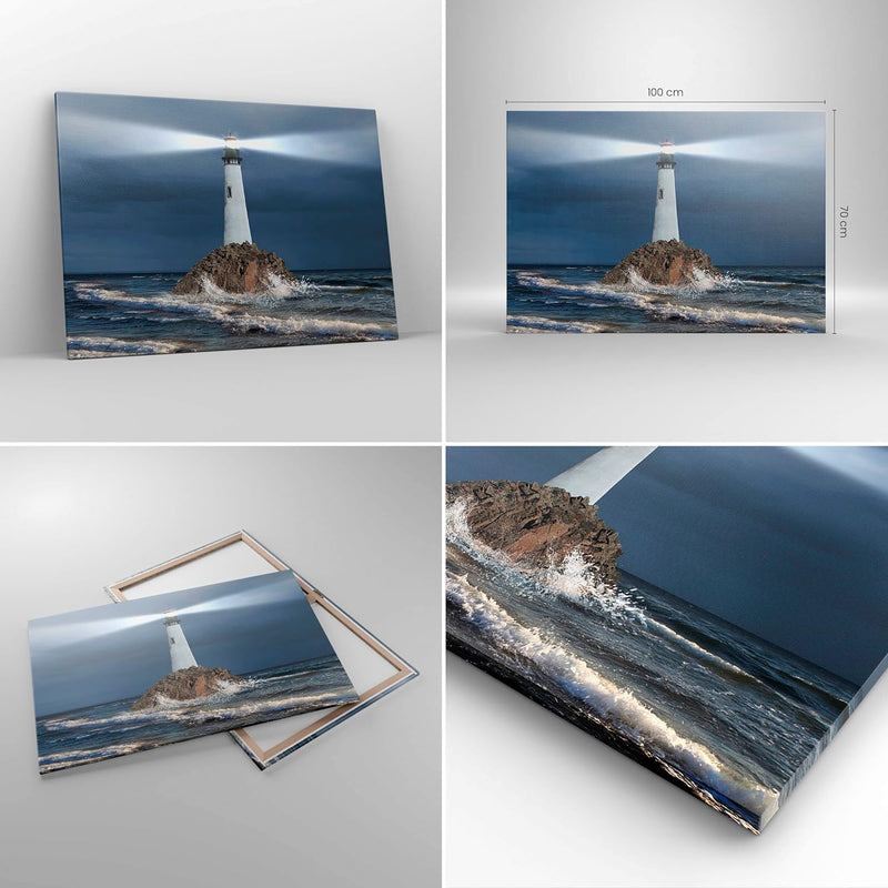 Bilder auf Leinwand 100x70cm Leinwandbild mit Rahmen Leuchtturm Meer Gross Wanddeko Bild Schlafzimme