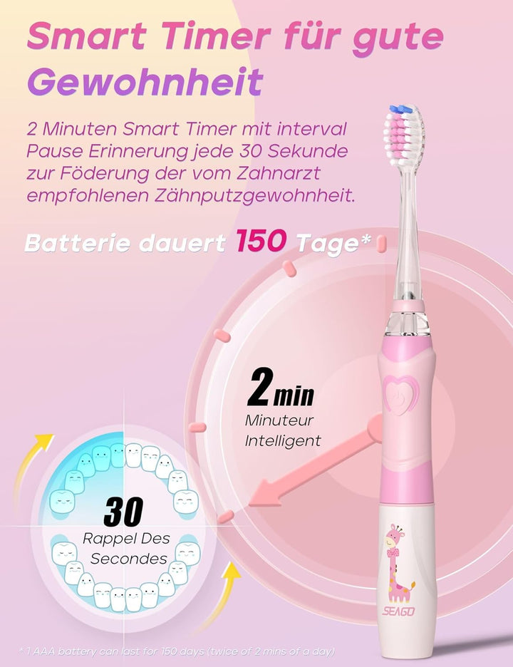Seago Elektrische Zahnbürste Kinder mit 8 Extra Weiche Aufsteckbürste und 4 Persönliche Modi, LED Li